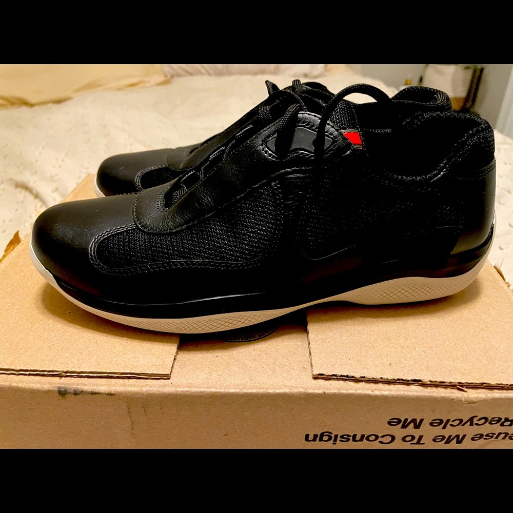 Prada cup sneakers black leather white soles
